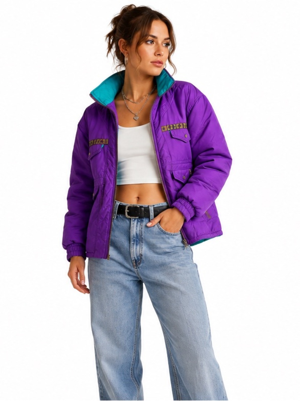 Vintage Edelweiss Purple Teal Ski Jacket Women’s Size M/L Retro 90s Puffer